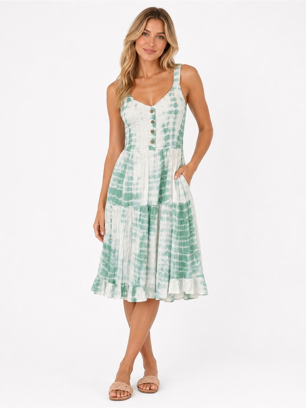 💛2 for $20- Japna Mint Green Tie-Dye Shimmer Tiered Sundress Size Small